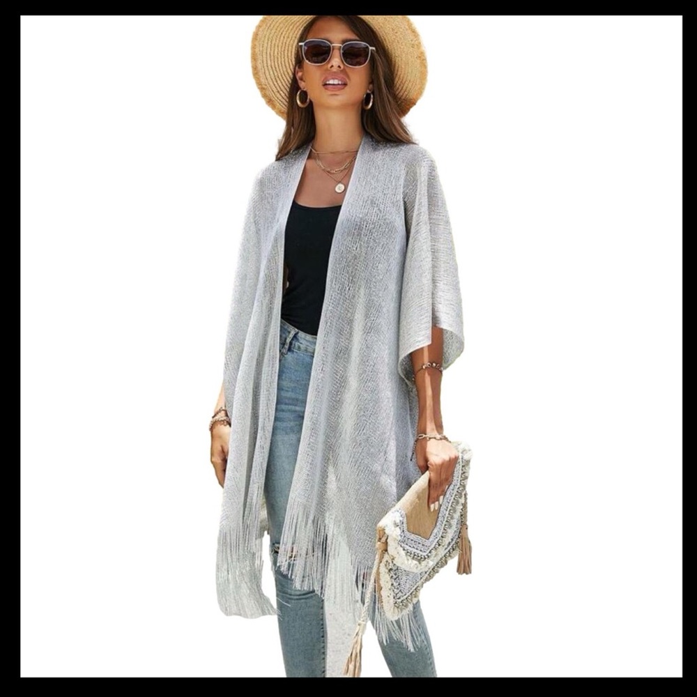 BOUTIQUE Metallic Net Fringed Coverup Tassel Semi Sheer 3/4 Sleeves Kimono